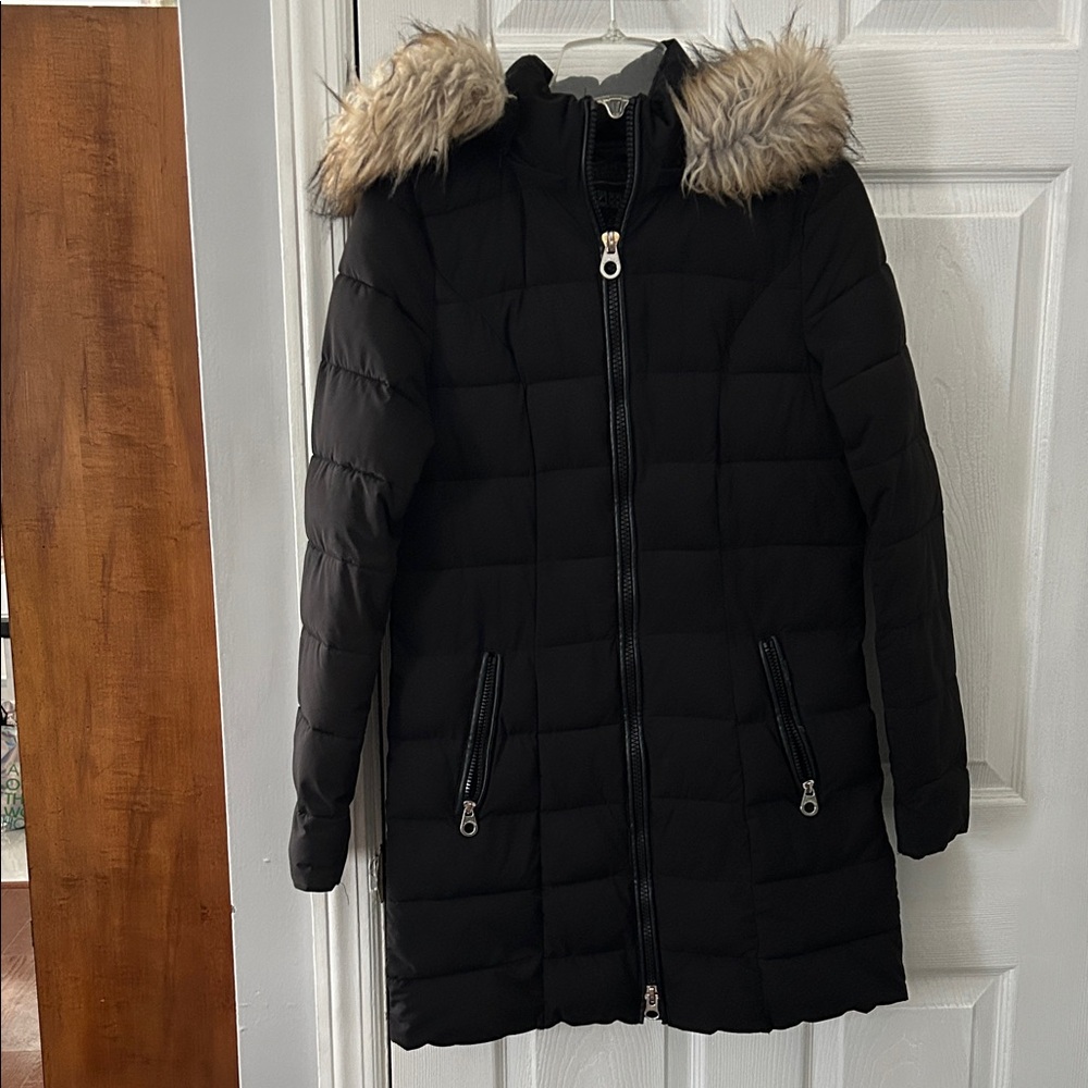Laundry by Shelli Segal size S Black Puffer Coat with Faux Fur Hood